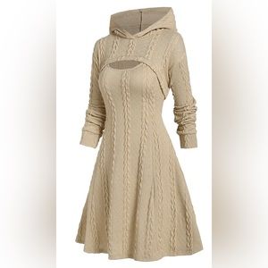 Hooded cable knit arm warmer mini dress set with hood- 2 piece